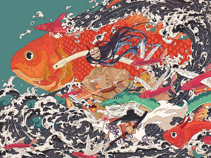 Umijin, anime, poisson, katana, eau, illustration, vagues, Fond d'écran HD