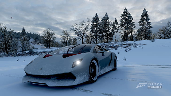 Lamborghini, Lamborghini Sesto Elemento, Forza Horizon 4, inverno, neve, corsa, bianco, ghiaccio, Sfondo HD