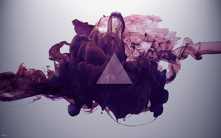 black and gray wallpaper, abstract, smoke, ink, triangle, purple, HD wallpaper