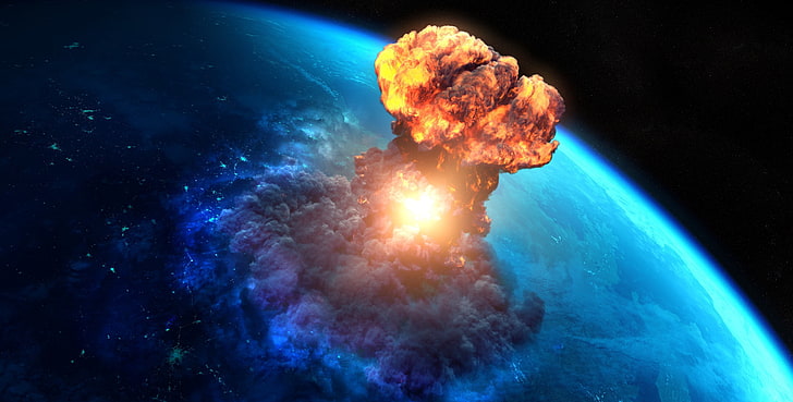 انفجار قنبلة نووية على الأرض من خلال رسم توضيحي للفضاء الخارجي ، فن رقمي ، نهاية العالم ، شهب ، كوكب ، فضاء، خلفية HD