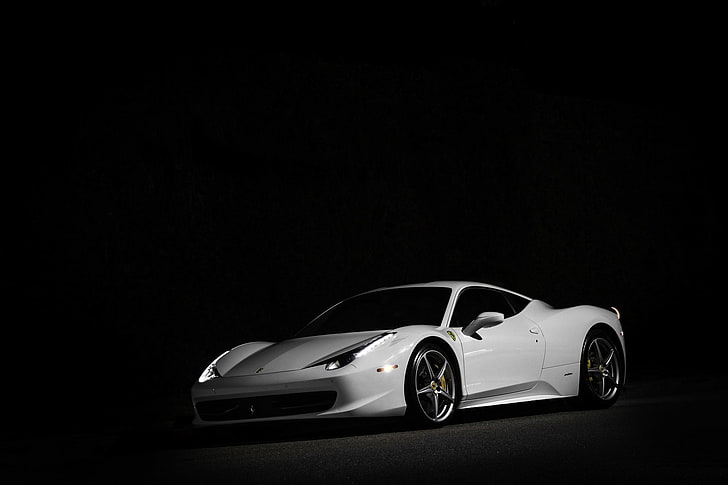 white coupe, putih, malam, Ferrari, tampilan depan, Italia, 458 italia, lampu depan, Wallpaper HD