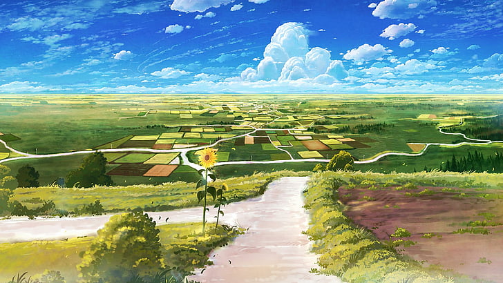 pastagens, estrada, céu, campo, anime arte, área rural, cenário, verão, pradaria, paisagem de anime, prado, nuvem, paisagem, colina, HD papel de parede