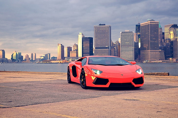 red Lamborghini Aventador coupe, auto, background, supercar, cars, wallpapers, lp700-4, city, Photography, lamborghini aventador, lamborghini lp700-4 aventador, HD wallpaper