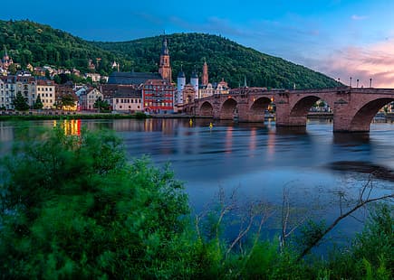 Pont, rivière, bâtiment, maison, Allemagne, Bade-Wurtemberg, Heidelberg, vieux pont, rivière Neckar, pont Karl Theodor, la rivière Neckar, le pont Karl-Theodor, Fond d'écran HD HD wallpaper