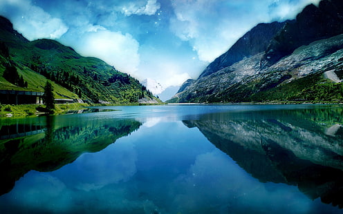 водоем в окружении гор цифровые обои, река, небо, горы, побережье, звезды, отражение, сумерки, мечта, HD обои HD wallpaper