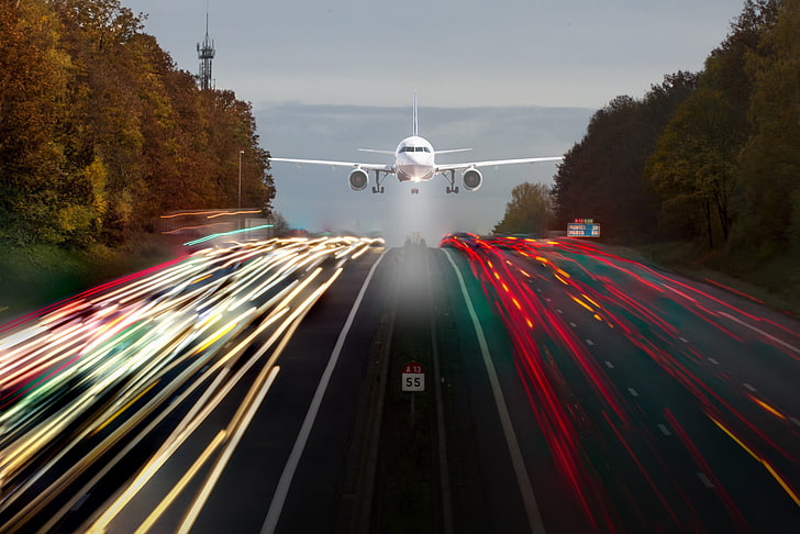 time lapse photo of white commercial plane above road with cars on street, lights, long exposure, road, highway, airplane, France, road sign, trees, car, light trails, HD wallpaper