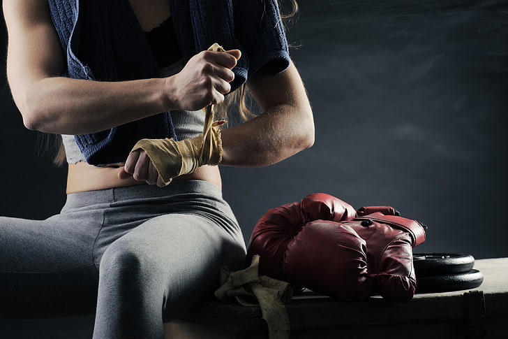 pair of red boxing gloves, girl, sport, Boxing, gloves, HD wallpaper