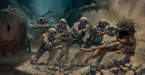 ilustraciones, rifle de asalto, perro, helicóptero, helicópteros, militares, rifles, soldado, arma, Fondo de pantalla HD HD wallpaper