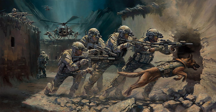soldier and dog illustration, artwork, soldier, weapon, rifles, assault rifle, helicopter, helicopters, dog, military, HD wallpaper