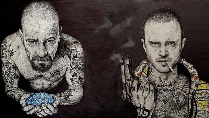 two man illustrations, TV Show, Breaking Bad, Gun, Jesse Pinkman, Tattoo, Walter White, HD wallpaper