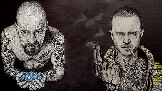 илюстрации на двама души, телевизионно предаване, Breaking Bad, Gun, Jesse Pinkman, Tattoo, Walter White, HD тапет HD wallpaper