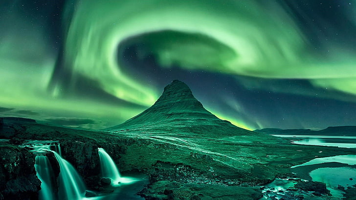 แสงเหนือ, aurora borealis, Kirkjufell, กรุนดาร์ฟจอร์, ไอซ์แลนด์, แสงขั้วโลก, ธรรมชาติ, บรรยากาศ, ปรากฏการณ์, ท้องฟ้า, นอกโลก, Kirkjufellsfoss, อาร์กติก, ภูมิประเทศ, วอลล์เปเปอร์ HD
