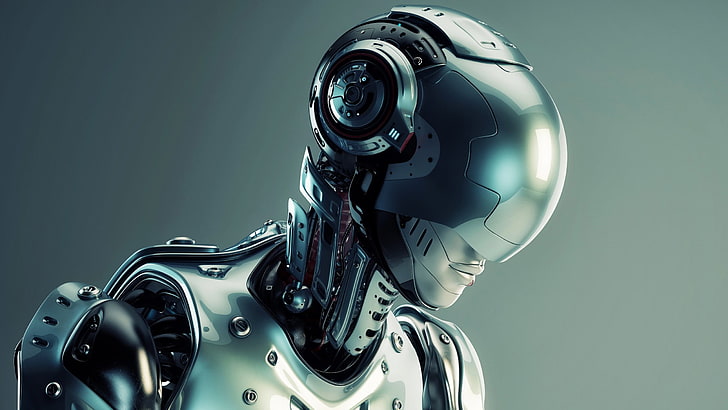 Papel de parede digital de personagem de robô humano, arte digital, robô, 3D, tecnologia, futurista, ficção científica, metal, fundo simples, parafuso, CGI, HD papel de parede
