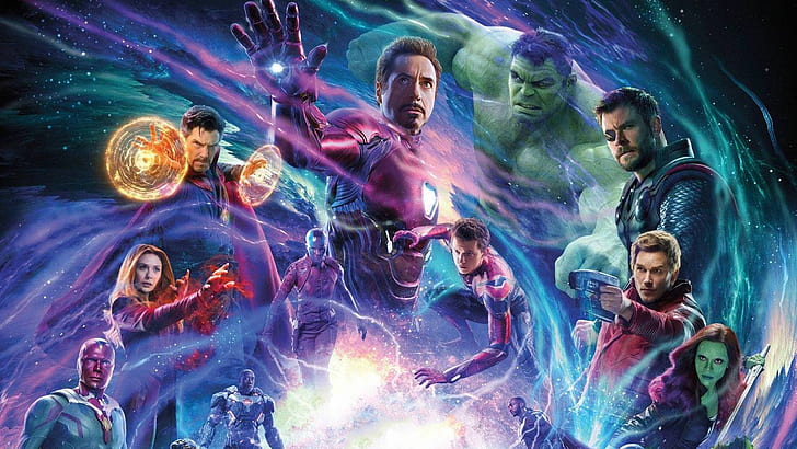 avengers infinity war, 2018 film, film, hd, poster, iron man, wanda maximoff, thor, star lord, gamora, spiderman, hulk, Sfondo HD