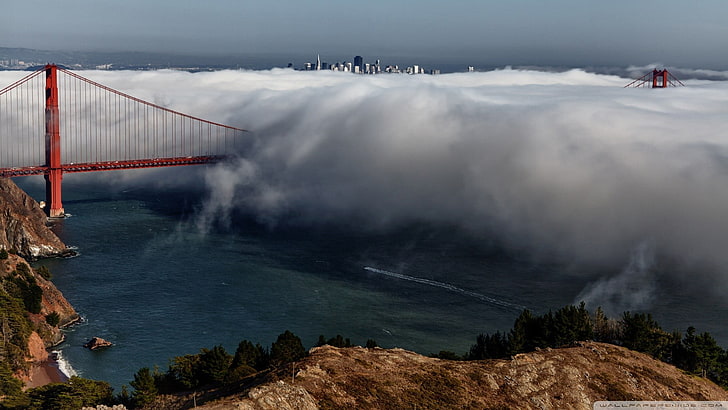 Golden Bridge, USA, bridge, clouds, Golden Gate Bridge, city, cityscape, San Francisco, USA, mist, landscape, HD wallpaper