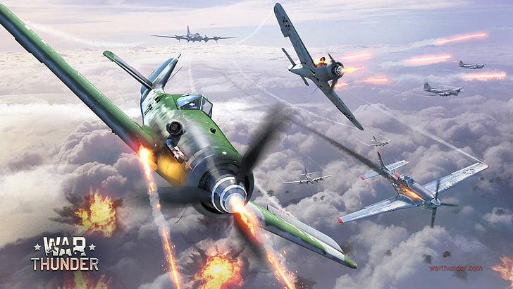 전쟁 천둥 디지털 벽지, 전쟁 천둥, 비행기, Gaijin Entertainment, Focke-Wulf Fw 190, 북미 P-51 머스탱, 보잉 B-17 비행 요새, CGI, 비디오 게임, HD 배경 화면