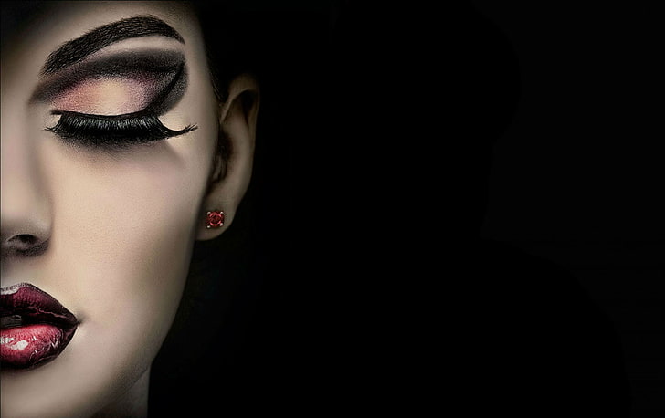 women's black false eyelash, girl, face, eyelashes, makeup, lips, black background, half face, close up, make up, HD wallpaper