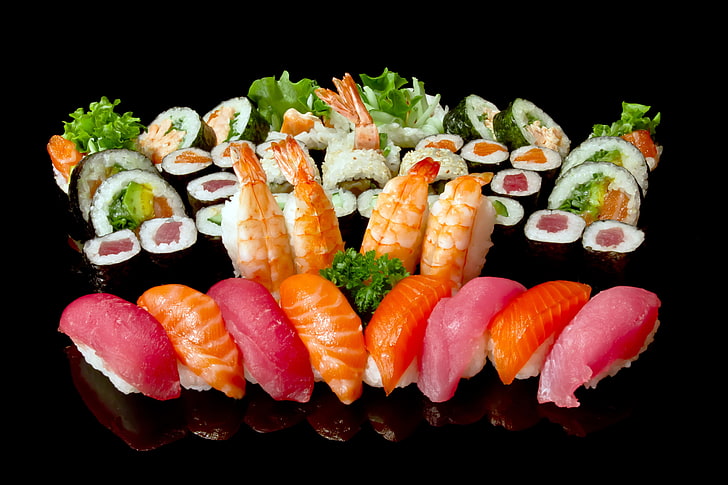 sushi dish lot, rolls, sushi, plate, a lot, seafood, HD wallpaper
