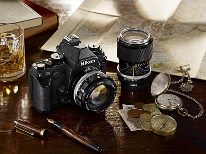 appareil photo pont noir Nikon et objectif, nikon, appareil photo, nikon df, Fond d'écran HD HD wallpaper
