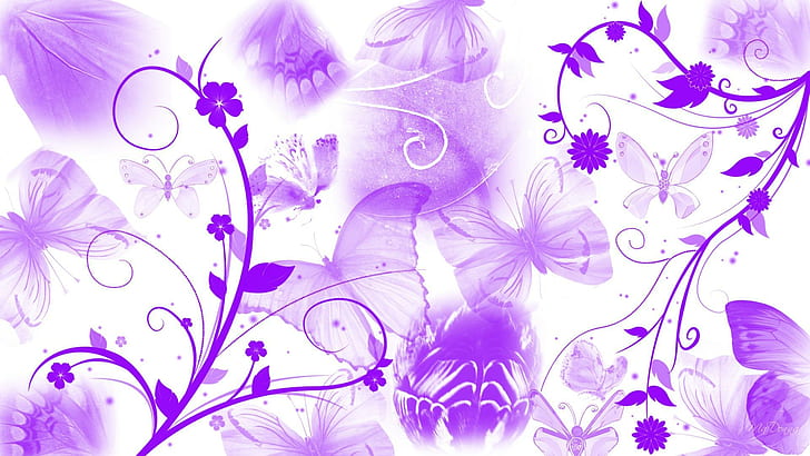 زهور الفراشات مجردة ، شخصية فايرفوكس ، مجردة ، ناعمة ، أرجوانية ، عريضة ، فراشة ، بيضاء ، زهور ، ثلاثية الأبعاد ومجردة، خلفية HD