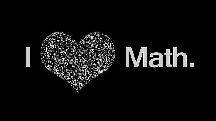 Me encanta el texto matemático sobre fondo negro, matemáticas, corazón, números, fondo negro, tipografía, fondo simple, texto, minimalismo, Fondo de pantalla HD