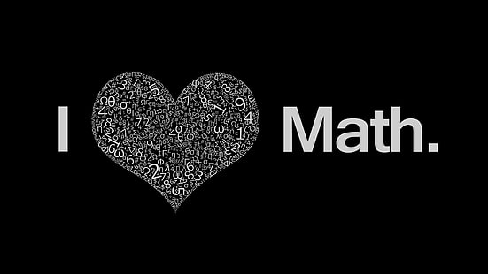 1 amour texte mathématique sur fond noir, mathématiques, coeur, nombres, fond noir, typographie, fond simple, texte, minimalisme, Fond d'écran HD HD wallpaper