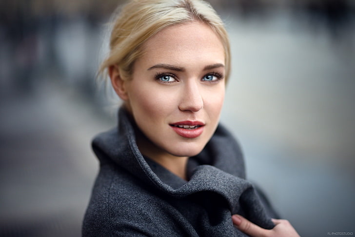 women, face, blonde, portrait, depth of field, Eva Mikulski, grey coat, coats, HD wallpaper