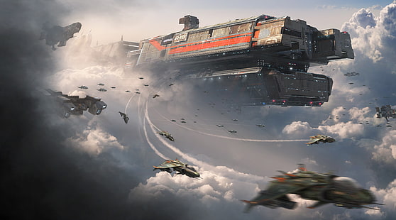 gray space craft wallpaper, fantasy art, science fiction, digital art, futuristic, spaceship, space, universe, technology, Titanfall, sky, clouds, video games, flying, aircraft, motherships, lights, artwork, HD wallpaper HD wallpaper