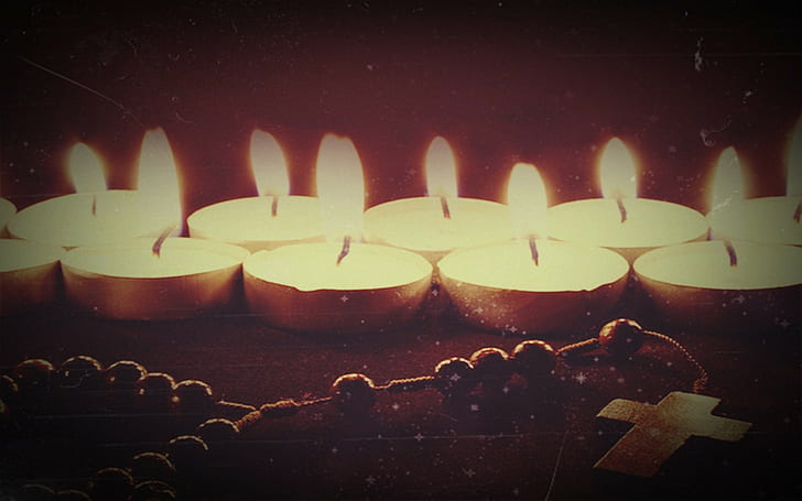 candles, lights, fire, holy rosary, cross, prayer, HD wallpaper