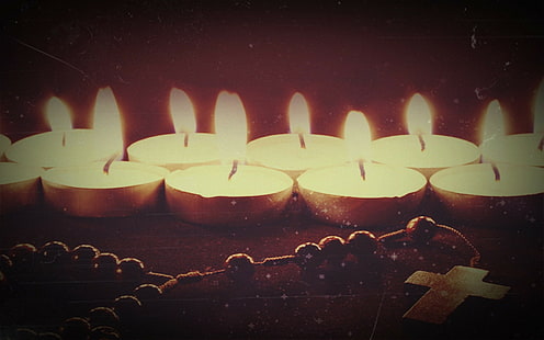 bougies, lumières, feu, chapelet, croix, prière, Fond d'écran HD HD wallpaper