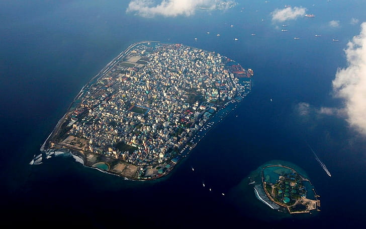 paisagem, natureza, nuvens, vista aérea, mar, cidade, ilha, Maldivas, fotografia, HD papel de parede