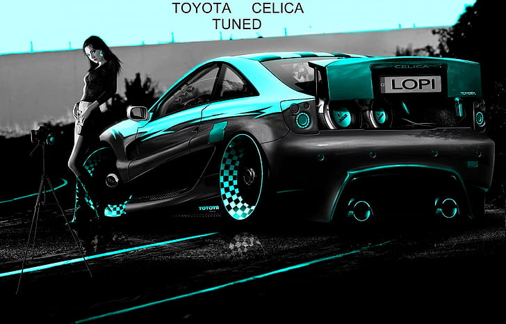 Sweet Toyota Celica, aliens, girls, cars, black and white, tuned cars, toyota celica, HD wallpaper