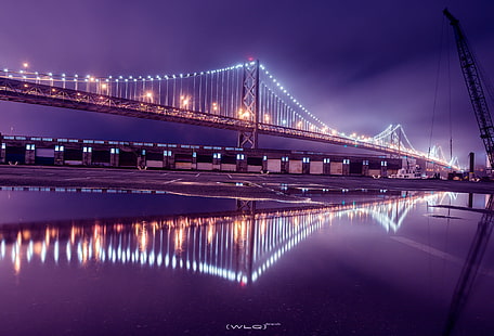 oświetlony most w nocy, odbicie, redux, w nocy, most w zatoce San Francisco, woda, kałuża, długa ekspozycja, most - konstrukcja stworzona przez człowieka, architektura, noc, rzeka, USA, słynne miejsce, pejzaż miejski, Nowy Jork, scena miejska, miejski Skyline, zmierzch, miasto, Tapety HD HD wallpaper