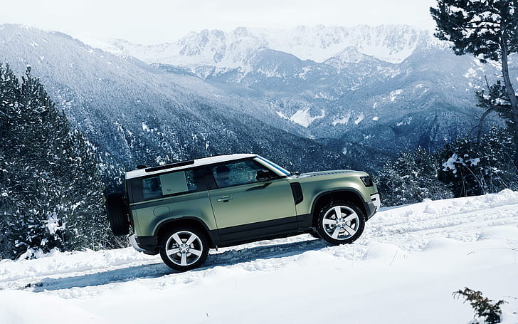 защитник, 2020, Land Rover, сняг, планини, SUV, HD тапет
