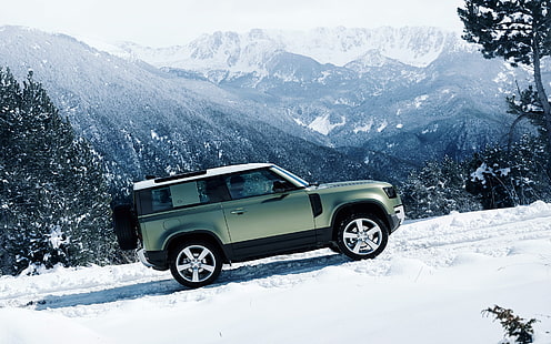 defensor, 2020, Land Rover, nieve, montañas, SUV, Fondo de pantalla HD HD wallpaper