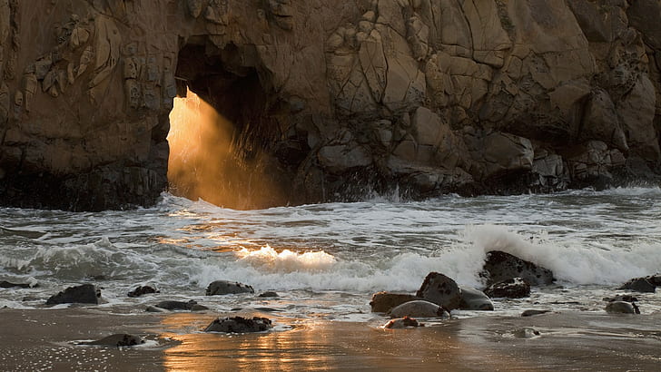 Cave Sunlight Ocean Rock Stone Beach HD, nature, ocean, beach, sunlight, rock, stone, cave, HD wallpaper