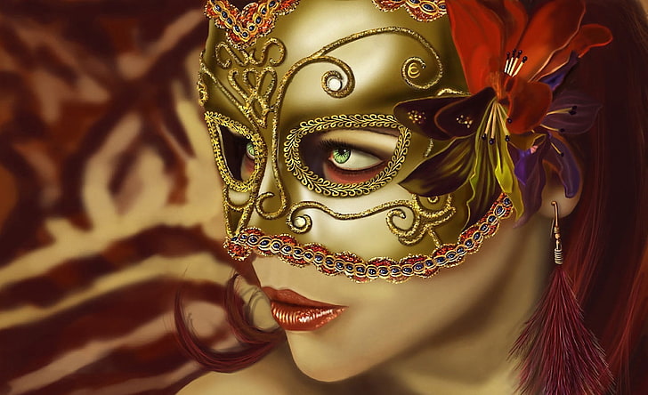 произведения на изкуството, жени, венециански маски, зелени очи, лице, цвете в коса, червенокоса, HD тапет