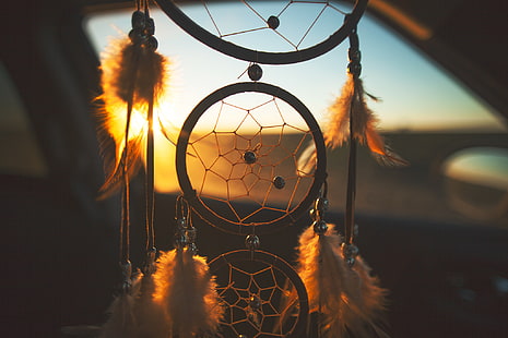brown and white dreamcatcher decor, sunset, feathers, dreams, catcher, HD wallpaper HD wallpaper