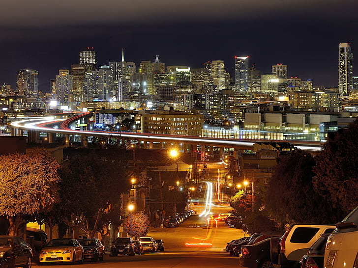San Francisco, California, EE. UU., Noche, luces, casas, rascacielos, puente, raspadores de la ciudad y automóviles, San, Francisco, California, EE. UU., Noche, luces, casas, rascacielos, puente, Fondo de pantalla HD