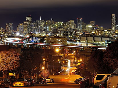 San Francisco, Kalifornia, USA, noc, światła, domy, wieżowce, most, drapacze chmur i samochody, San, Francisco, Kalifornia, USA, noc, światła, domy, wieżowce, most, Tapety HD HD wallpaper