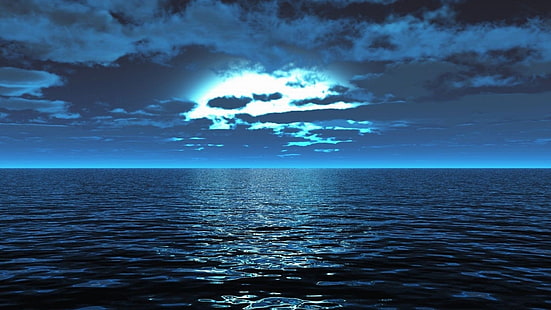 синий океан, море, гладь, спокойствие, гладкая поверхность, свет, ночь, HD обои HD wallpaper
