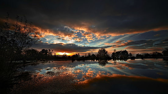 gyllene timmen, solnedgång, natur, sjö, träd, moln, HDR, reflektion, HD tapet HD wallpaper