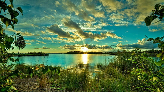 natura, niebo, świt, wschód słońca, jezioro, woda, jezioro, tereny podmokłe, chmura, zasoby wodne, światło słoneczne, bank, poranek, horyzont, Tapety HD HD wallpaper