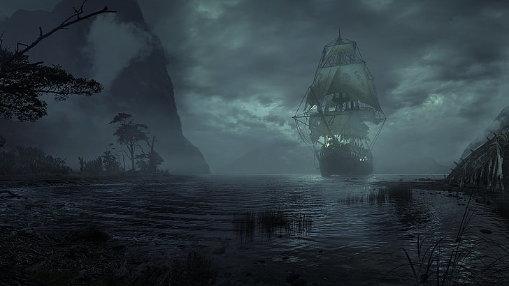 Galeonenschiff Malerei, Segelschiff, Meer, Nacht, Landschaft, HD-Hintergrundbild