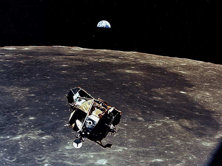 white spacecraft, earth, the moon, ship, Apollo 11, HD wallpaper