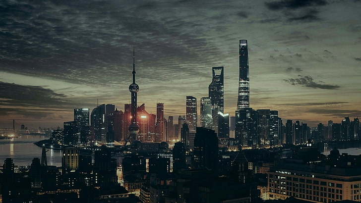 wieża, Azja, Chiny, Szanghaj, odbicie, wieżowiec, dzień, zmierzch, noc, sylwetka na tle nieba, niebo, metropolia, drapacz chmur, obszar metropolitalny, miasto, pejzaż miejski, Tapety HD