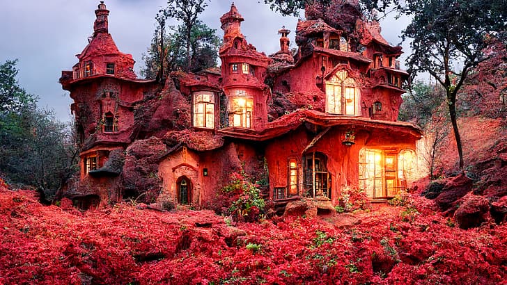 fantasy architecture, red, house, mansion, fairy tale, hills, nature, roof garden, HD wallpaper