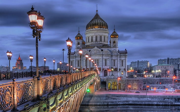 architecture, bridge, building, Cathedral, church, city, clouds, Evening, hdr, Lights, Long Exposure, Moscow, Old Building, river, russia, street, Street Light, HD wallpaper