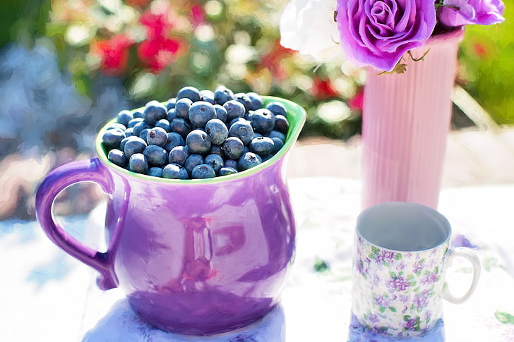 blueberry lot, blueberries, pitcher, cup, HD wallpaper