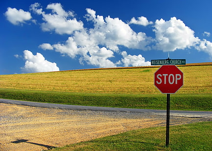 赤い停止標識、ストップオーバー、赤、標識、ペンシルベニア州、リーハイ郡、ローヒルタウンシップ、リーハイバレー、バレーロード、一時停止標識、空、雲、積雲、農村、夏、創造的なコモンズ、道路、標識、自然、雲-空、田園風景、道路標識、青、 HDデスクトップの壁紙 HD wallpaper
